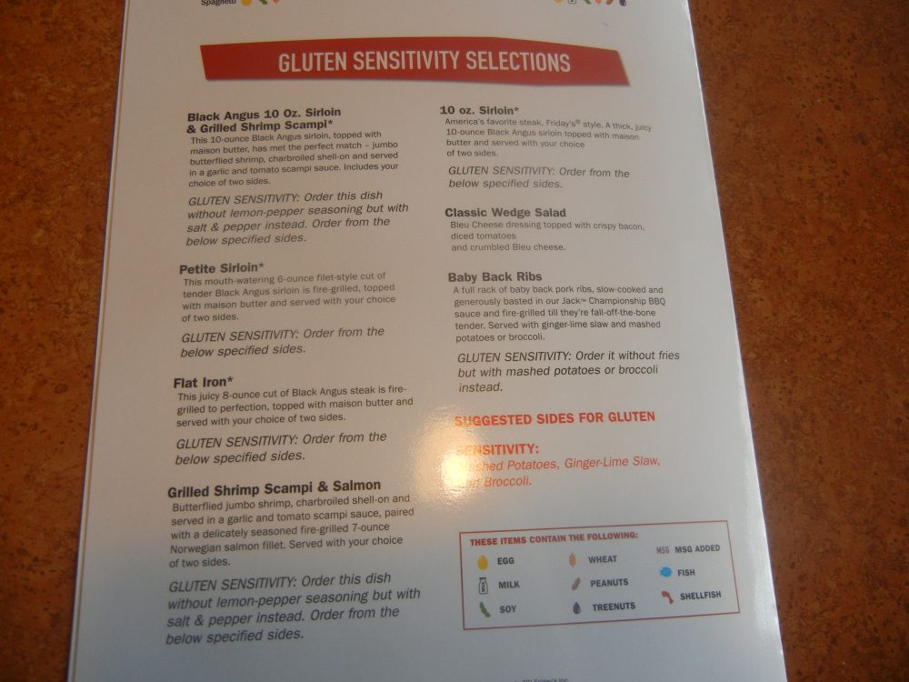 Gluten Free Menu at TGI Fridays