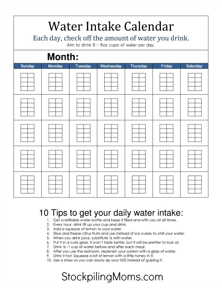 Monthly Water Intake Calendar