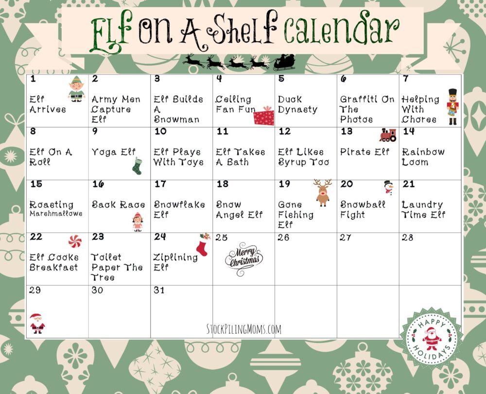 Elf On A Shelf Calendar Printable