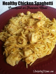 This Healthy Chicken Spaghetti recipe is a great Crockpot chicken dinner or easy freezer meal that everyone will love!