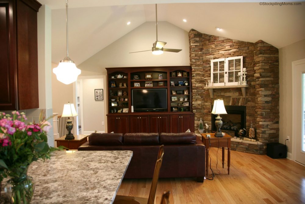 Great Room Stone Fireplace And Custom Built In Stockpiling Moms