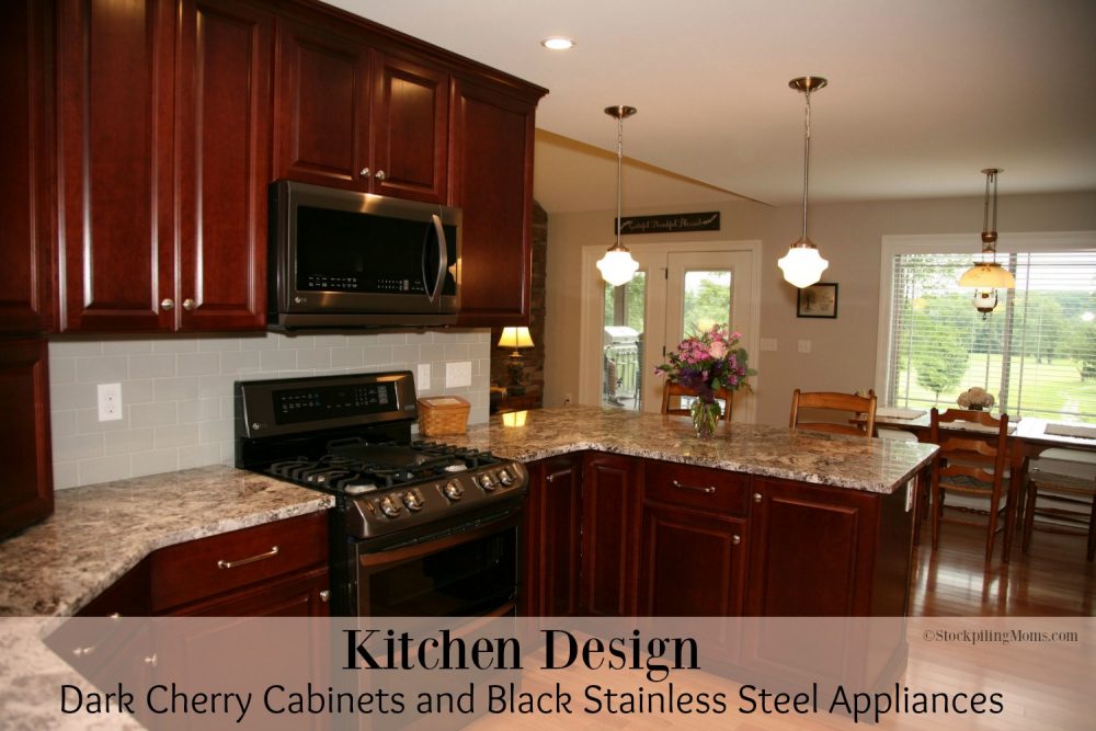 Kitchen Design Dark Cherry Cabinets And Black Stainless Steel Appliances 